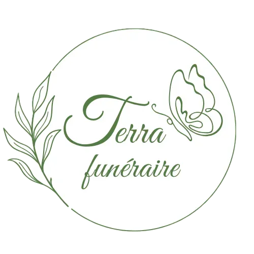 Logo Terra Funéraire vert circulaire orné d'un papillon et d'un feuillage.