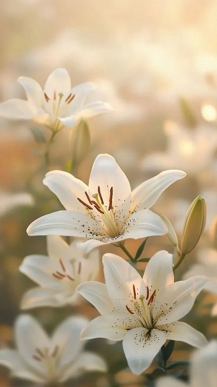 Magnifiques fleurs de lys blancs élégants baignés par une douce lumière.
